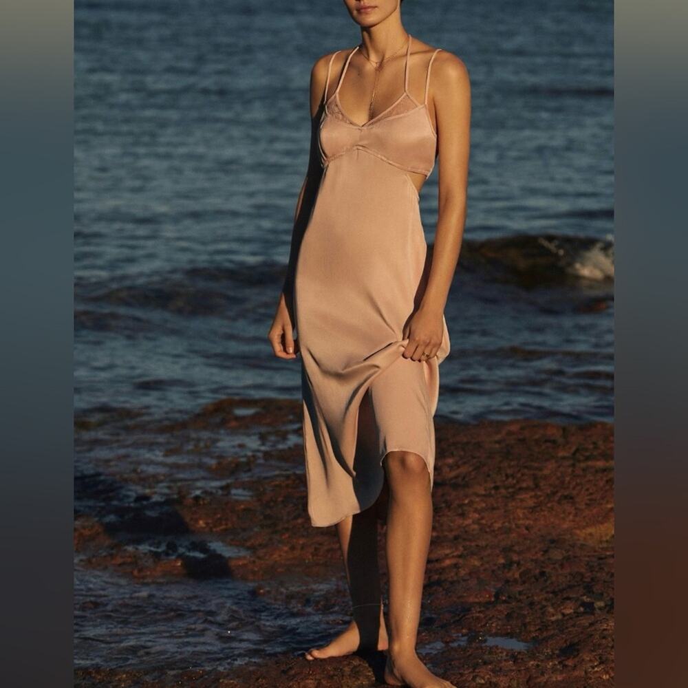 Anthropologie Cutout Silky Slip Midi Dress Blush Beige Lace Neck Size 10 New